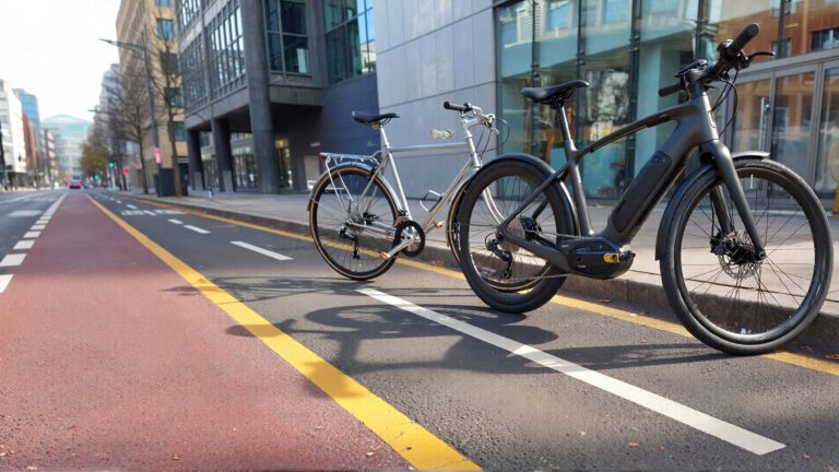 Bicicleta eléctrica y bicicleta en el carril para bicicletas