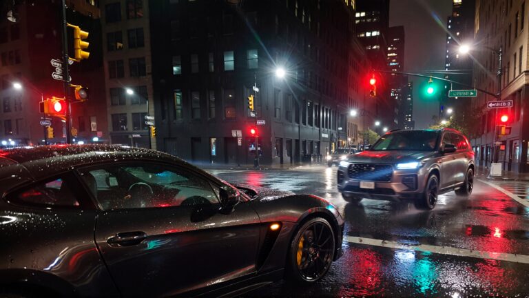 Two cars at a rainy intersection.