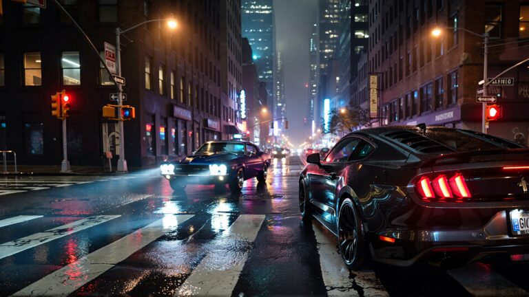 Two cars at a rainy intersection.