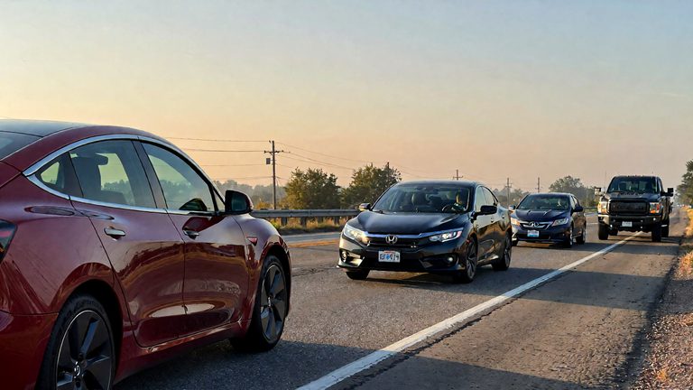Autos en una autopista durante la puesta de sol.