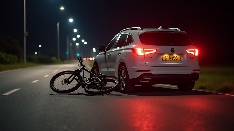 Bicycle and car accident at night.